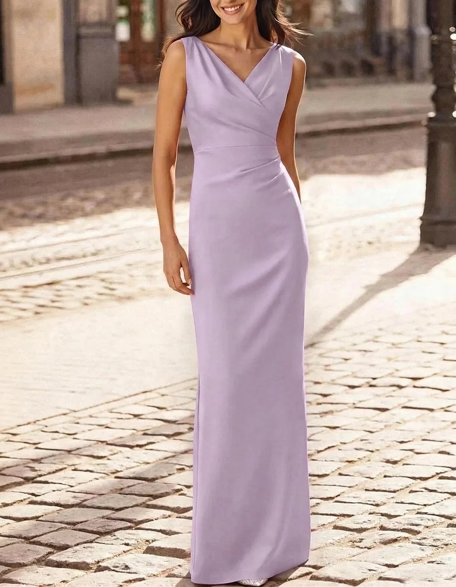 Satin V-neck fitted waist slit straight maxi dress