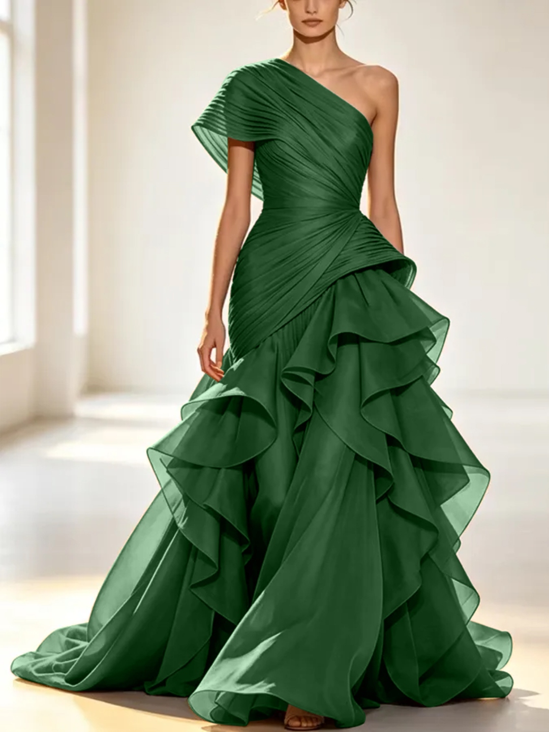 Grey One-Shoulder Pleated Organza Maxi Dress with Tiered Ruffle Skirt