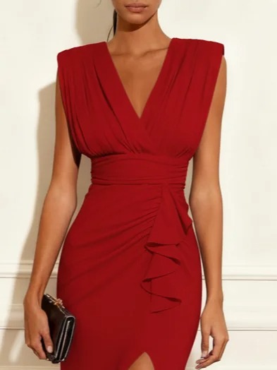 Red Ruffled Knit V Neck Sleeveless Sheath Maxi Dress
