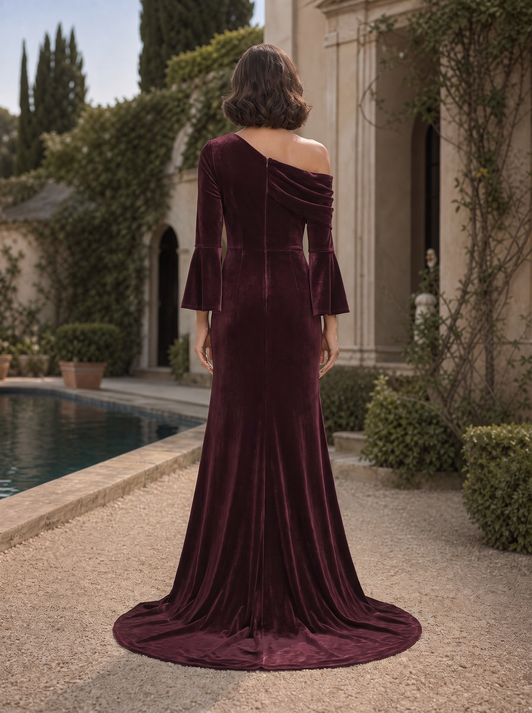 Burgundy One-Shoulder Velvet Bell Sleeve Ruched Maxi Dress