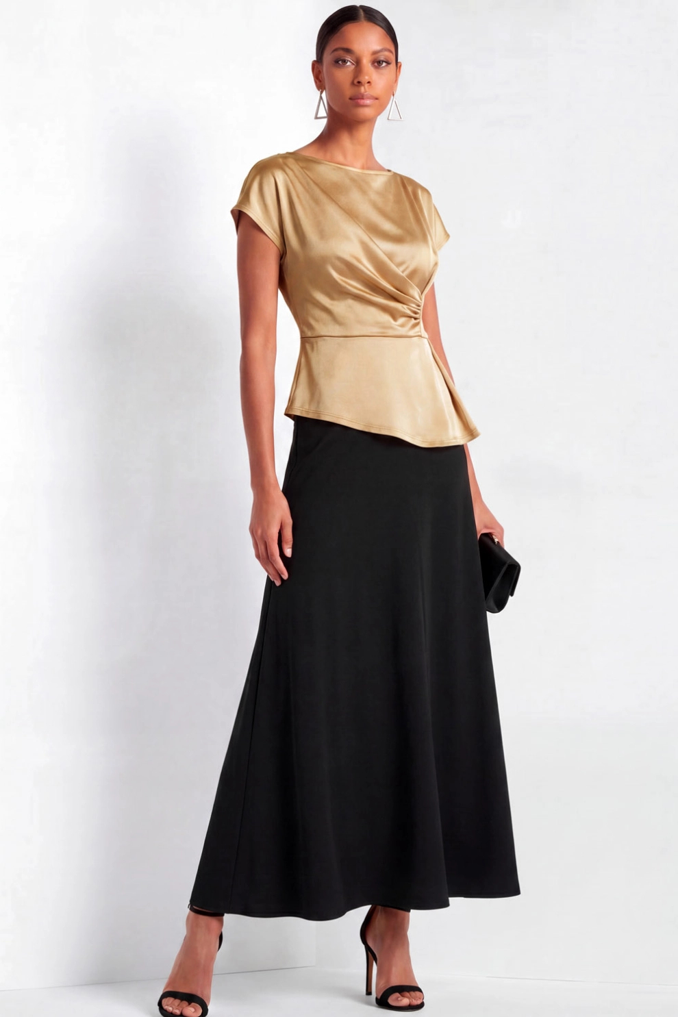 Golden Satin Boat Neck Suits A-Line Skirt Set
