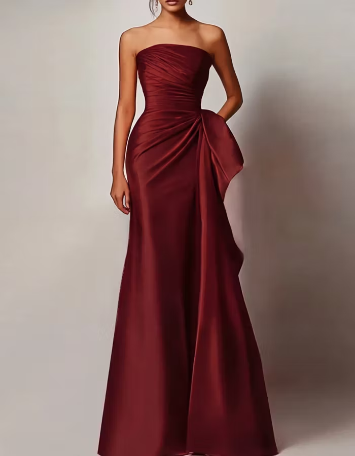 Strapless Pleated Satin Maxi Dress