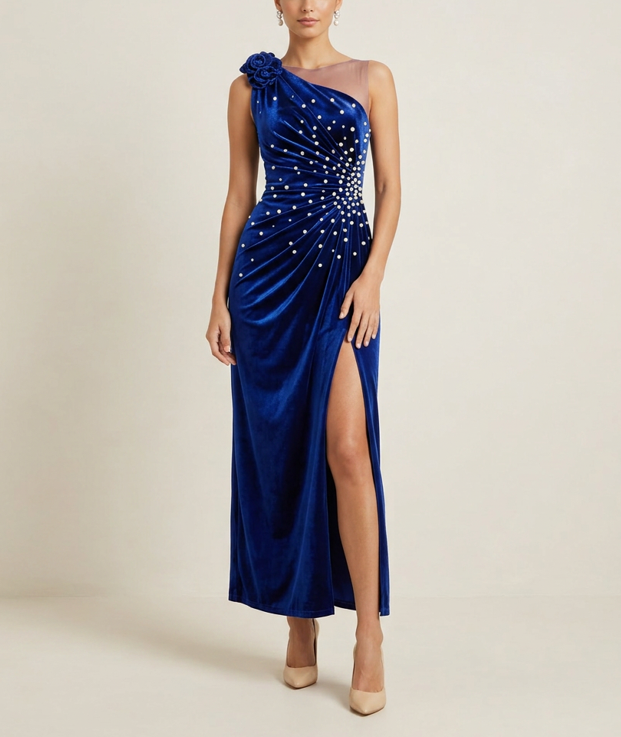 Royal Blue Pearl-Beaded Waist Flower Velvet Evening Dress