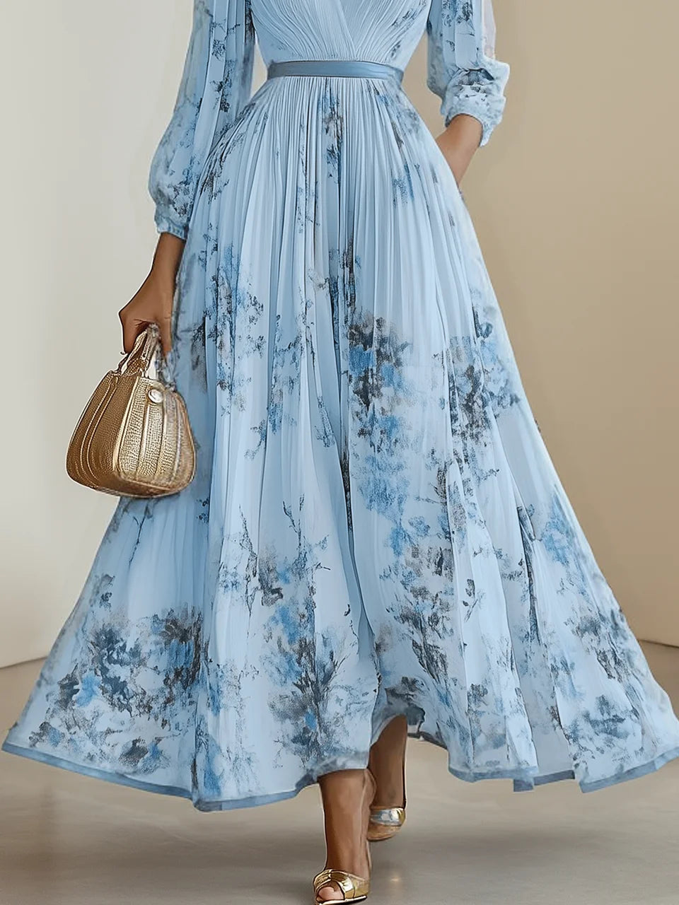 White Pleated Chiffon V Neck Floral Long Sleeve Balloon Sleeve A-Line Maxi Dress