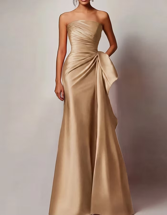 Strapless Pleated Satin Maxi Dress