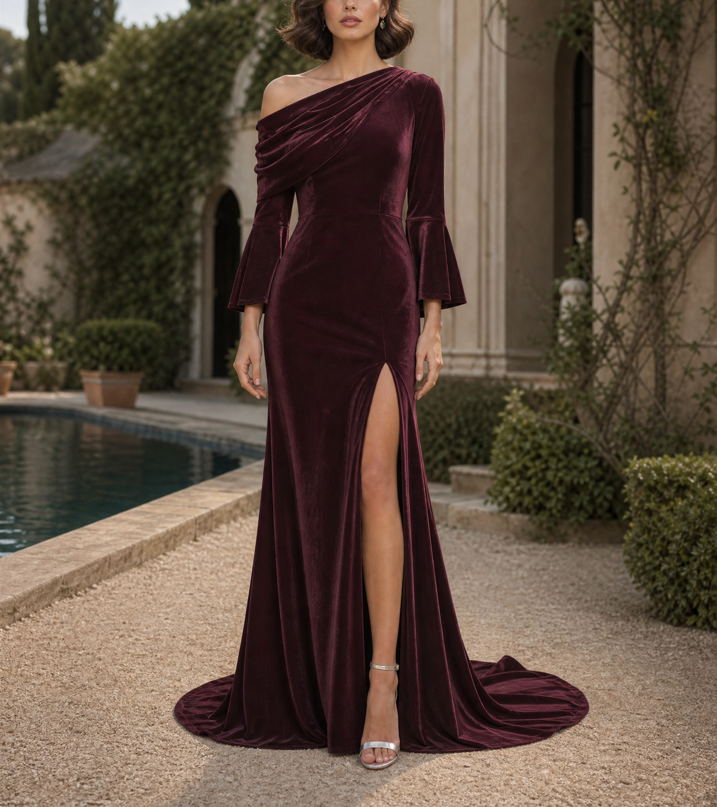 Burgundy One-Shoulder Velvet Bell Sleeve Ruched Maxi Dress