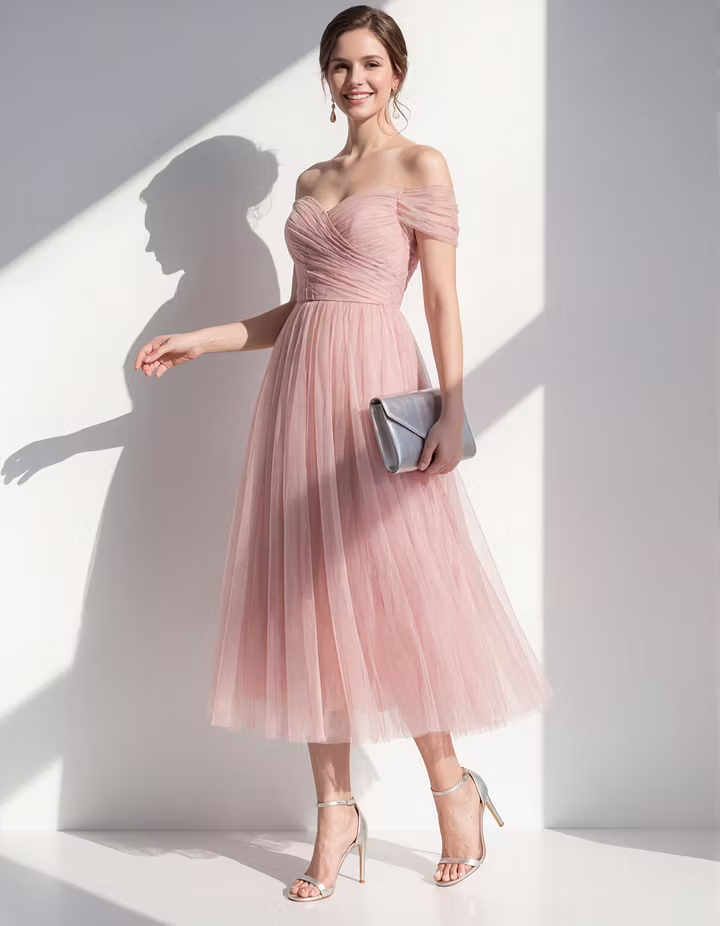 Pink Off Shoulder Tulle Midi Dress