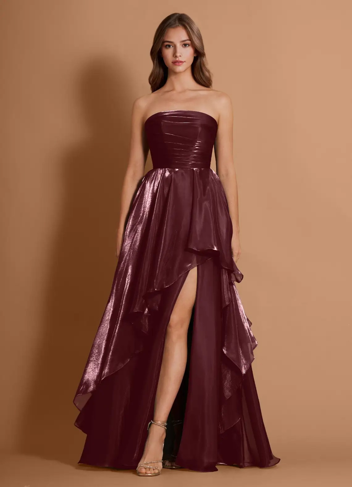 Burgundy Strapless Ruffled High-Slit Evening Gown