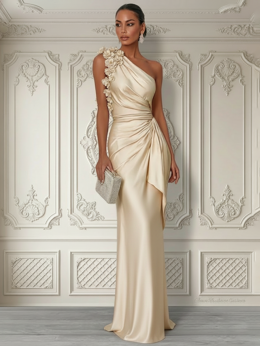 Purplish Blue 3D Floral Ruched Satin One Shoulder Sleeveless Sheath Floor-length Gown Dress