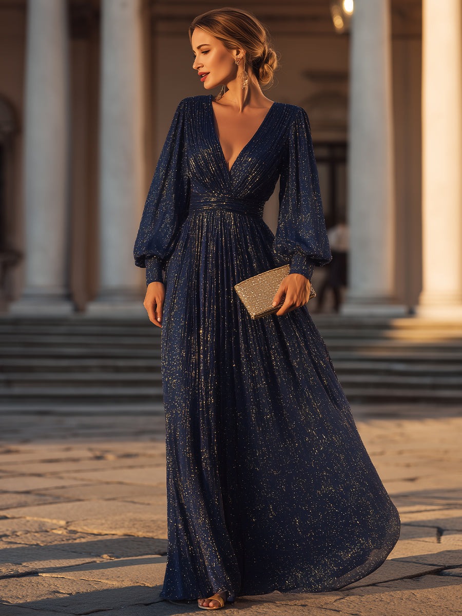 Long Sleeve Shimmer Pleated V-Neck Gown