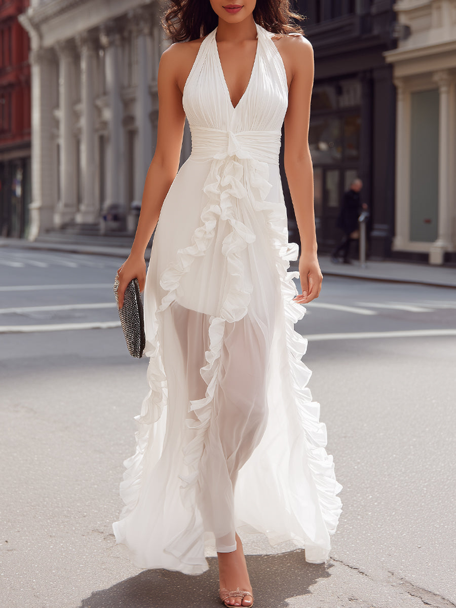 White Halter Neck Ruffle Detail Maxi Dress