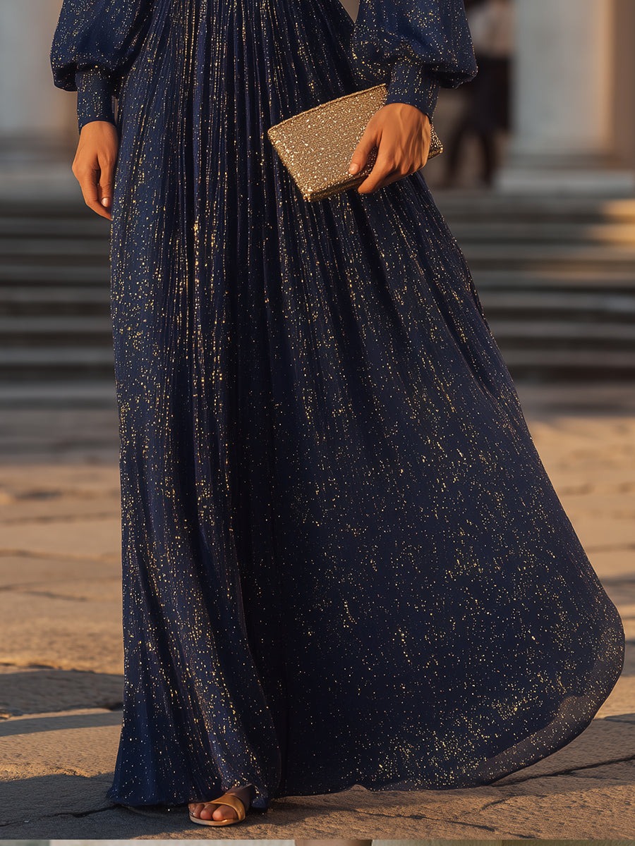 Long Sleeve Shimmer Pleated V-Neck Gown