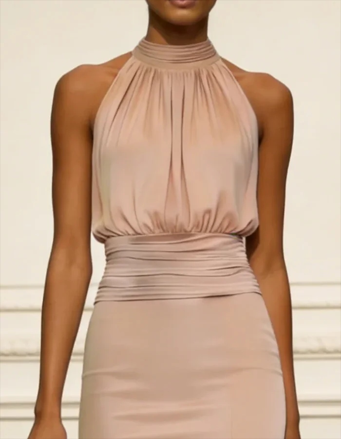 Blush Pink Halter-Neck Ruched Waist Midi Mermaid Dress