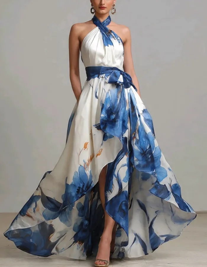 White And Blue Ink Wash Floral Print Halter Neck Maxi Dress