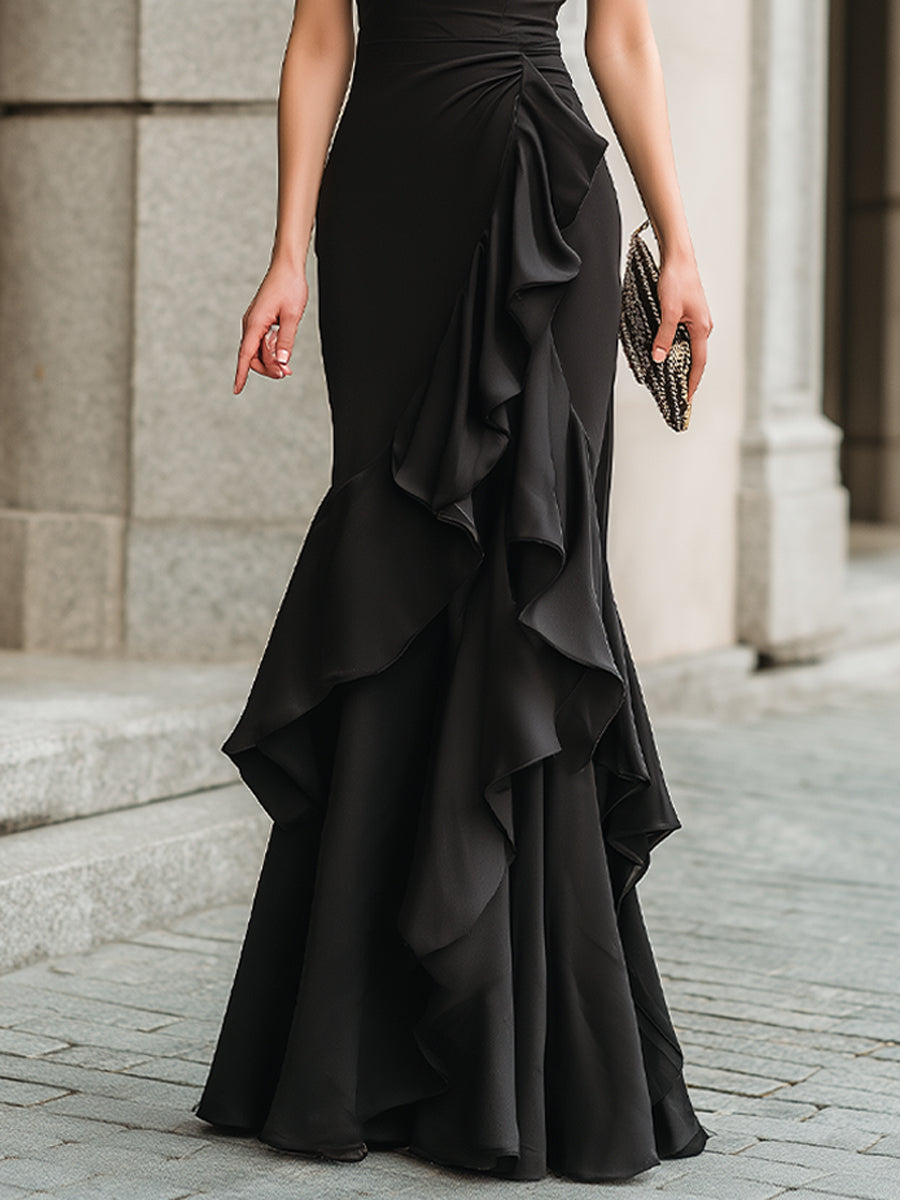 Black Flutter Sleeve Ruffled Evening Gown