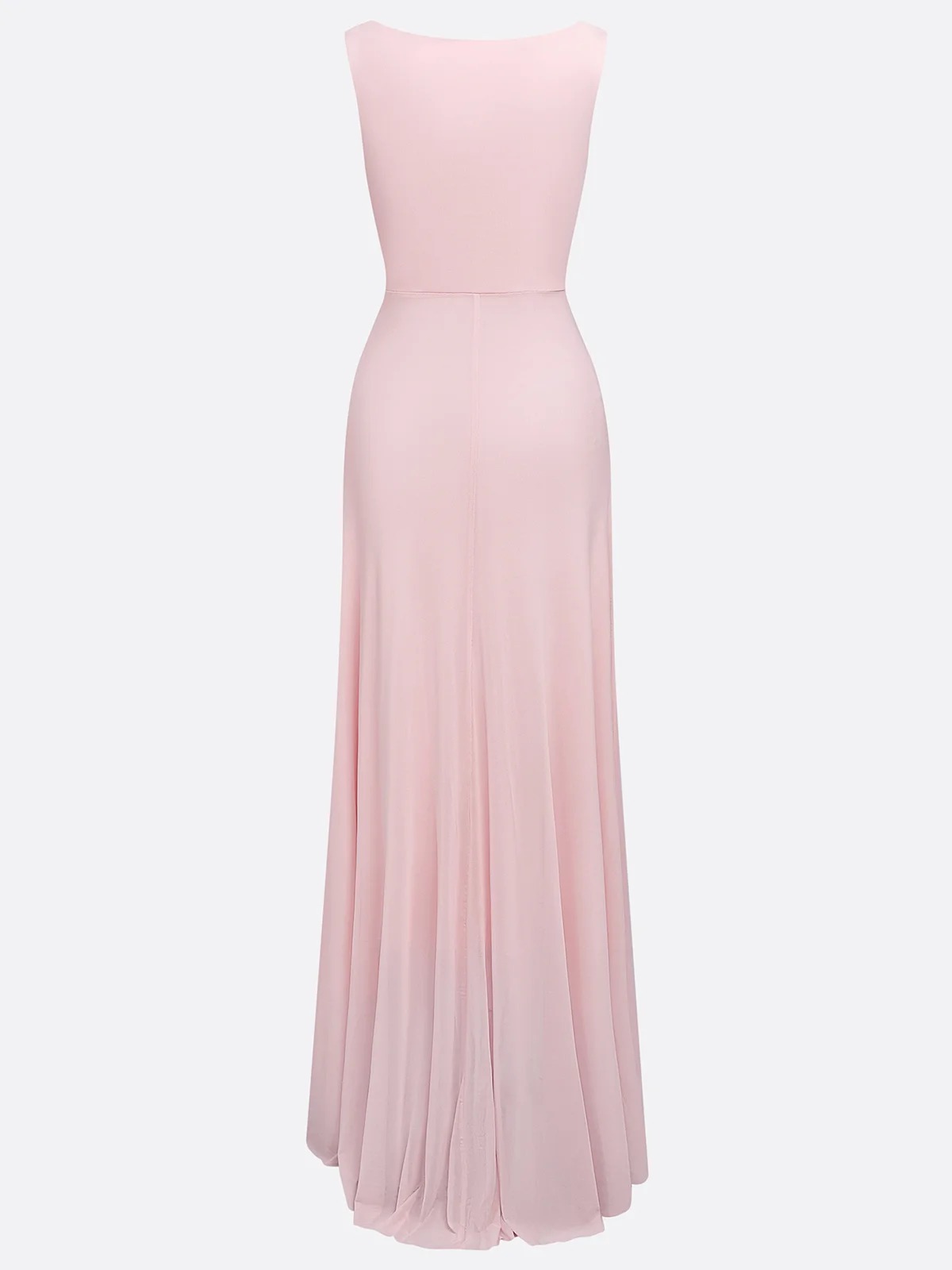 Blush Pink Ruched Slit Tulle Cowl Neck Sleeveless A-Line Maxi Bridesmaid Dress