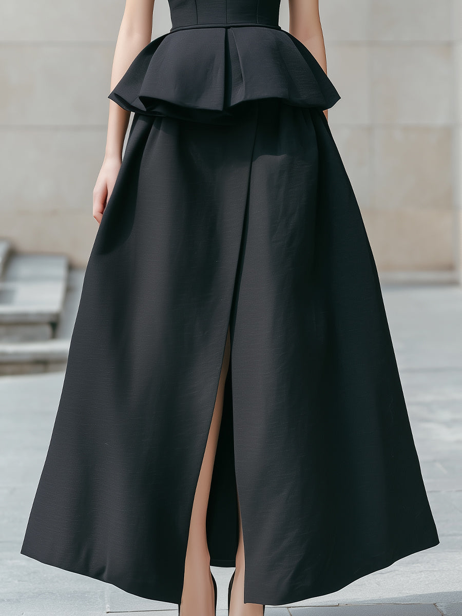 Square Neck Peplum Slit Maxi Dress
