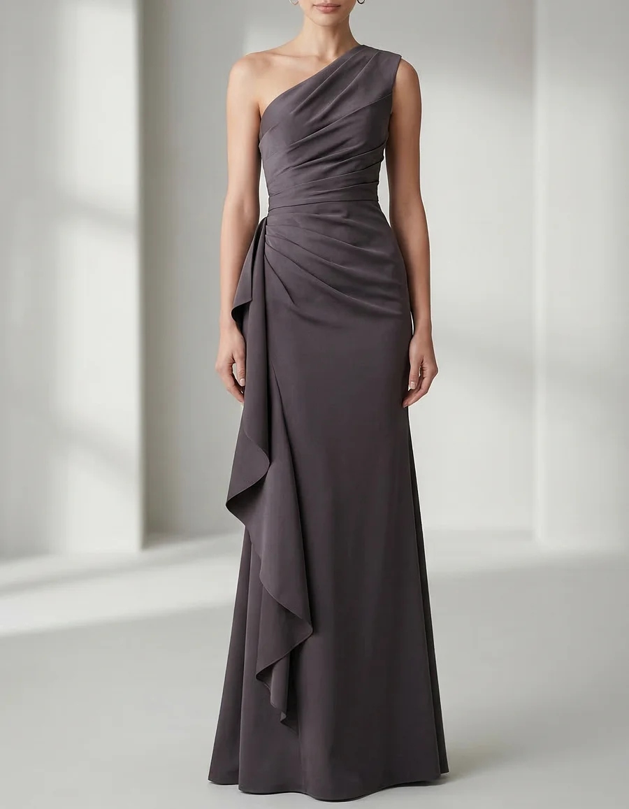 Grayish Purple Satin Ruffled Waist Maxi Dress