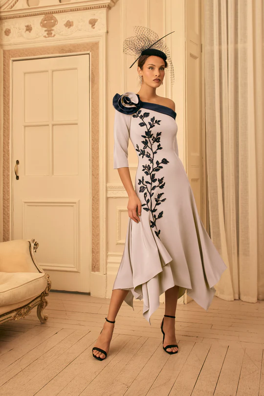 Sophisticated Asymmetric Floral Appliqué Midi Dress