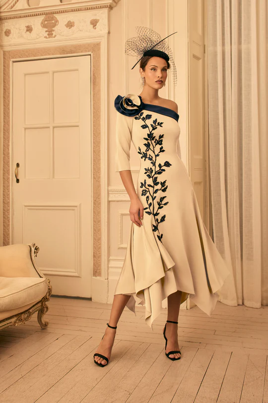 Sophisticated Asymmetric Floral Appliqué Midi Dress