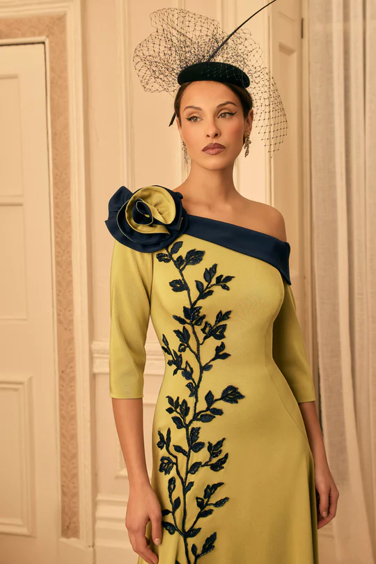 Sophisticated Asymmetric Floral Appliqué Midi Dress
