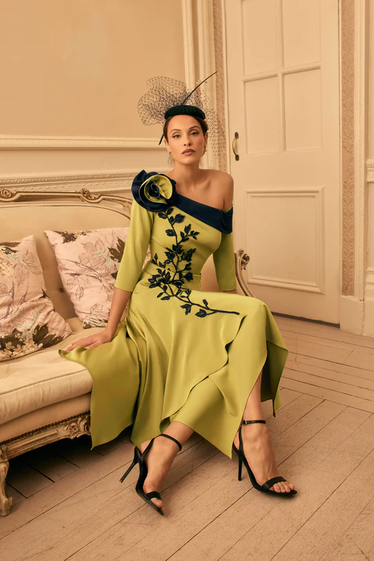 Sophisticated Asymmetric Floral Appliqué Midi Dress