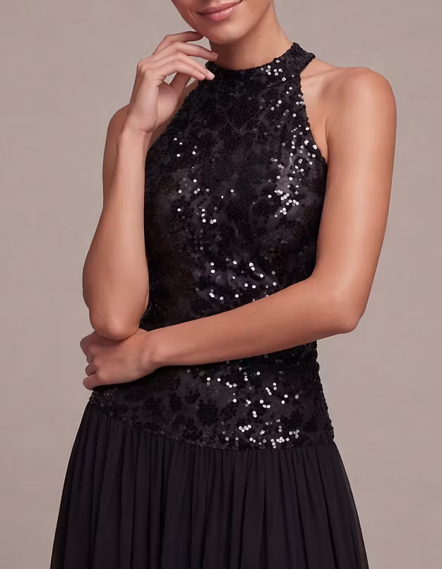 Black Sequin Chiffon Halter Midi Dress