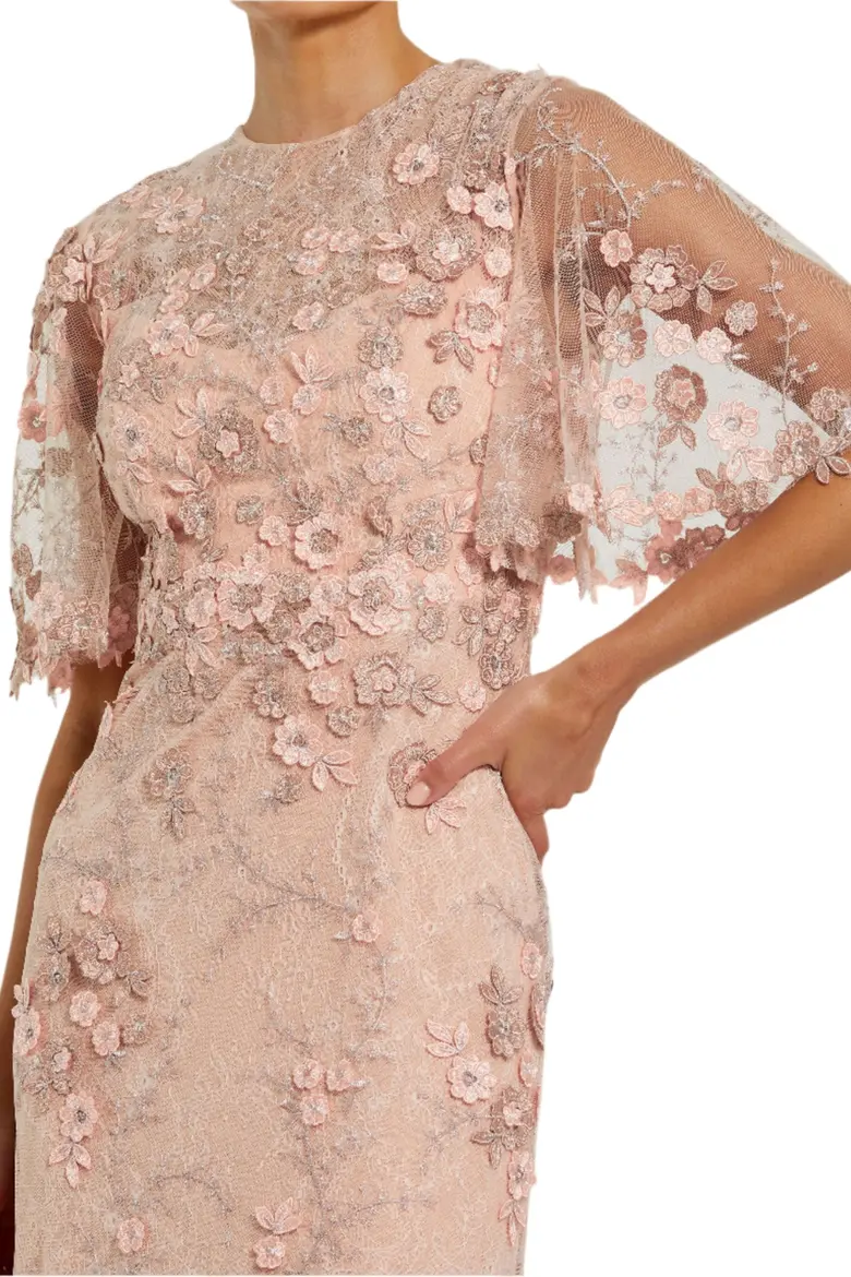Elegant Floral Embroidered Evening Gown with Flutter Sleeves