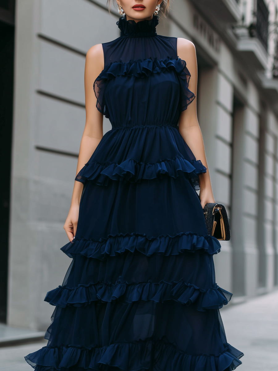 Navy High Neck Tiered Ruffle Maxi Dress