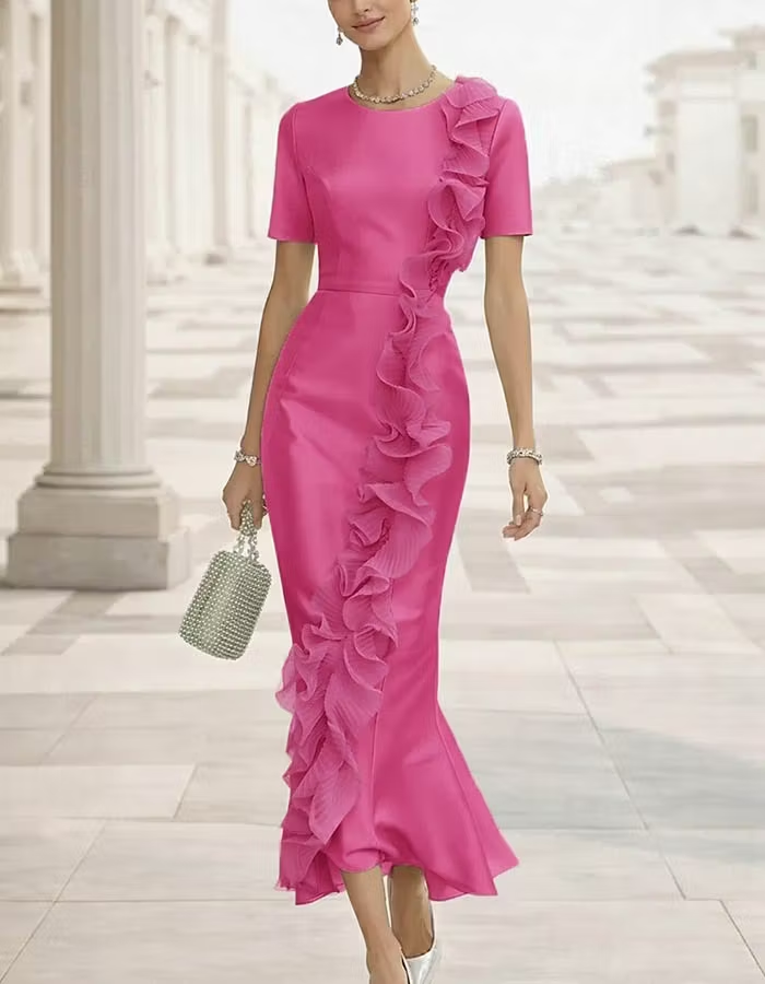 Round Neck Satin Side Ruffle Midi Dress