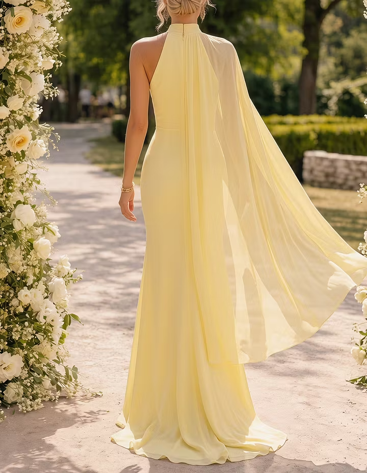 Light Yellow Chiffon Halter Neck Ribbon Fishtail Maxi Dress