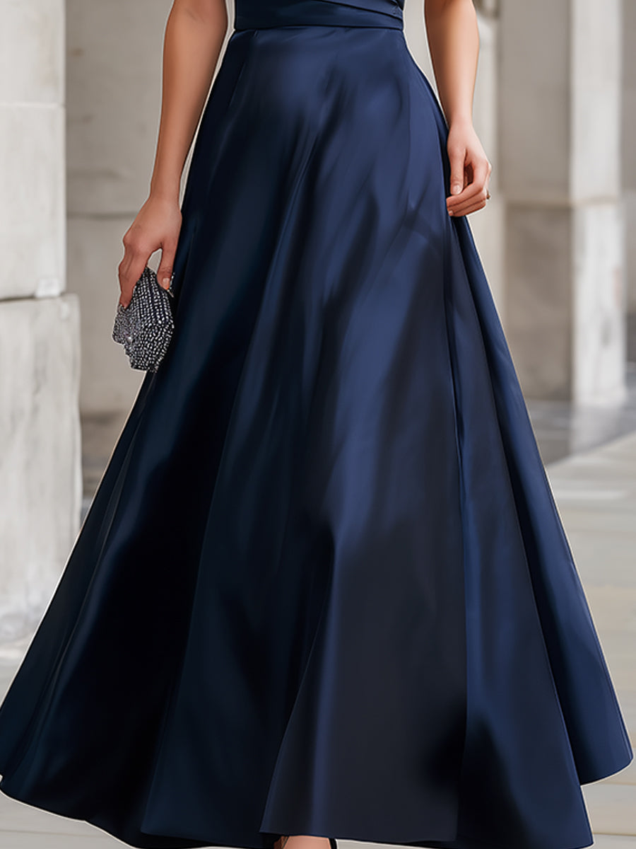 Navy Off-the-Shoulder Satin Gown