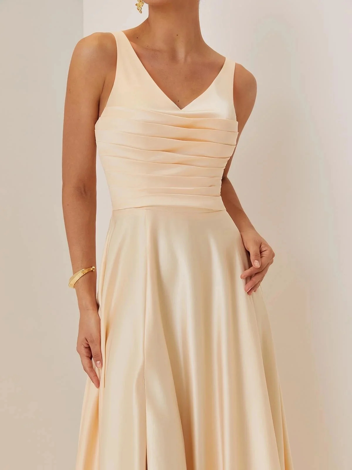 Champagne Ruched Slit Satin V Neck Sleeveless A-Line Maxi Bridesmaid Dress