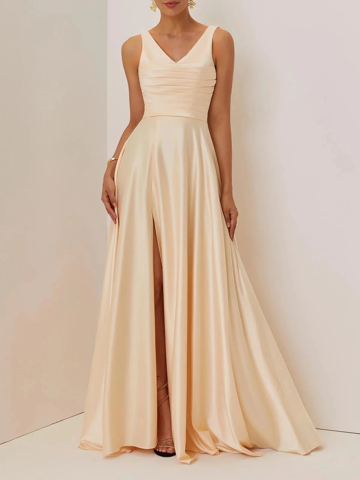 Champagne Ruched Slit Satin V Neck Sleeveless A-Line Maxi Bridesmaid Dress