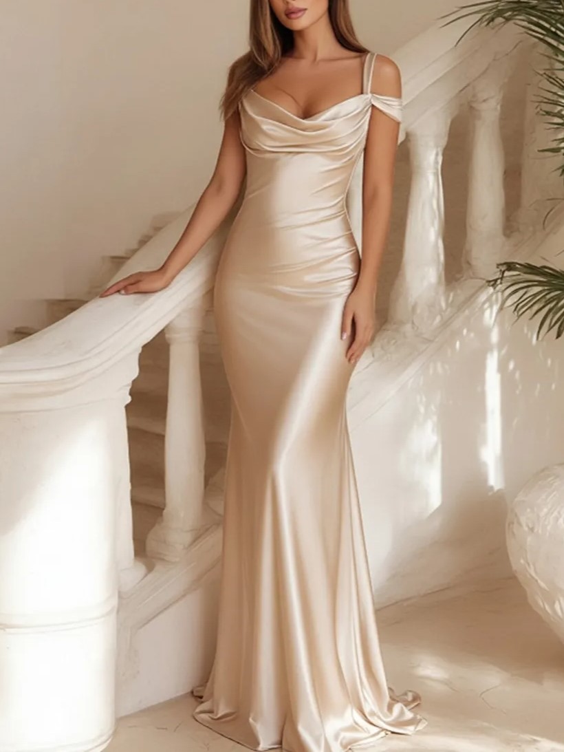 Champagne Mermaid Cowl Neck Ruched Sweep Party Formal Dress