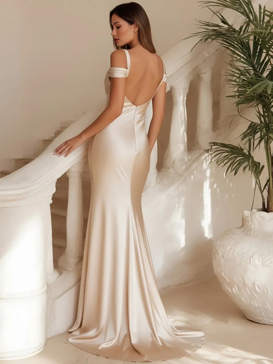 Champagne Mermaid Cowl Neck Ruched Sweep Party Formal Dress