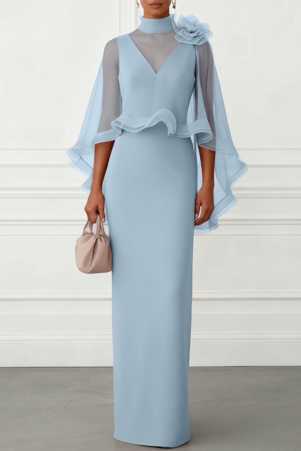 Nudepink 3D Floral Mesh Classic Mock Neck Half Sleeve Sheath Floor-length Gown Dress