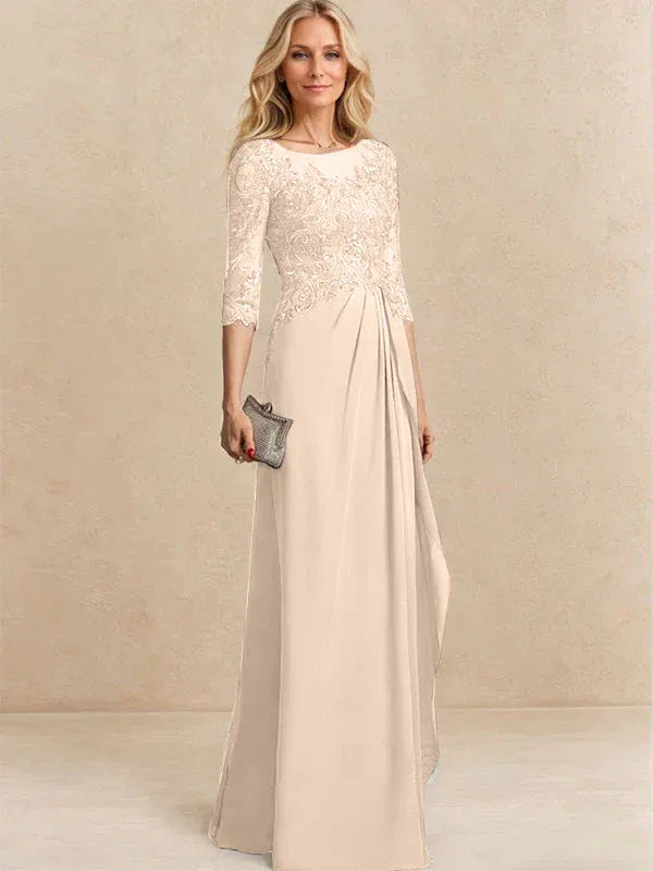 A-line Scoop Illusion Floor-Length Chiffon Lace Mother of the Bride Dress With Beading Sequins Cascading Ruffles