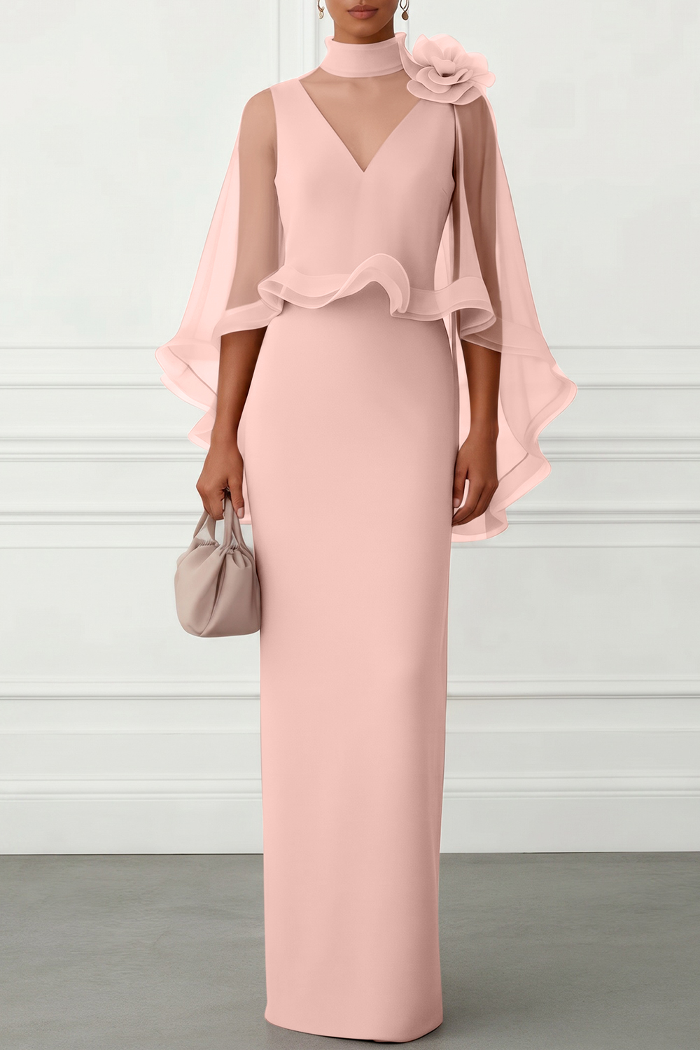 Nudepink 3D Floral Mesh Classic Mock Neck Half Sleeve Sheath Floor-length Gown Dress