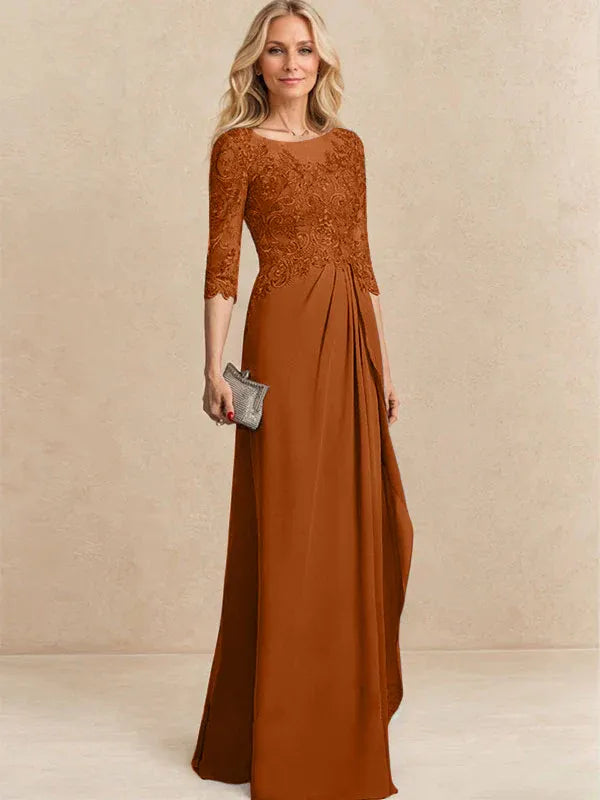 A-line Scoop Illusion Floor-Length Chiffon Lace Mother of the Bride Dress With Beading Sequins Cascading Ruffles