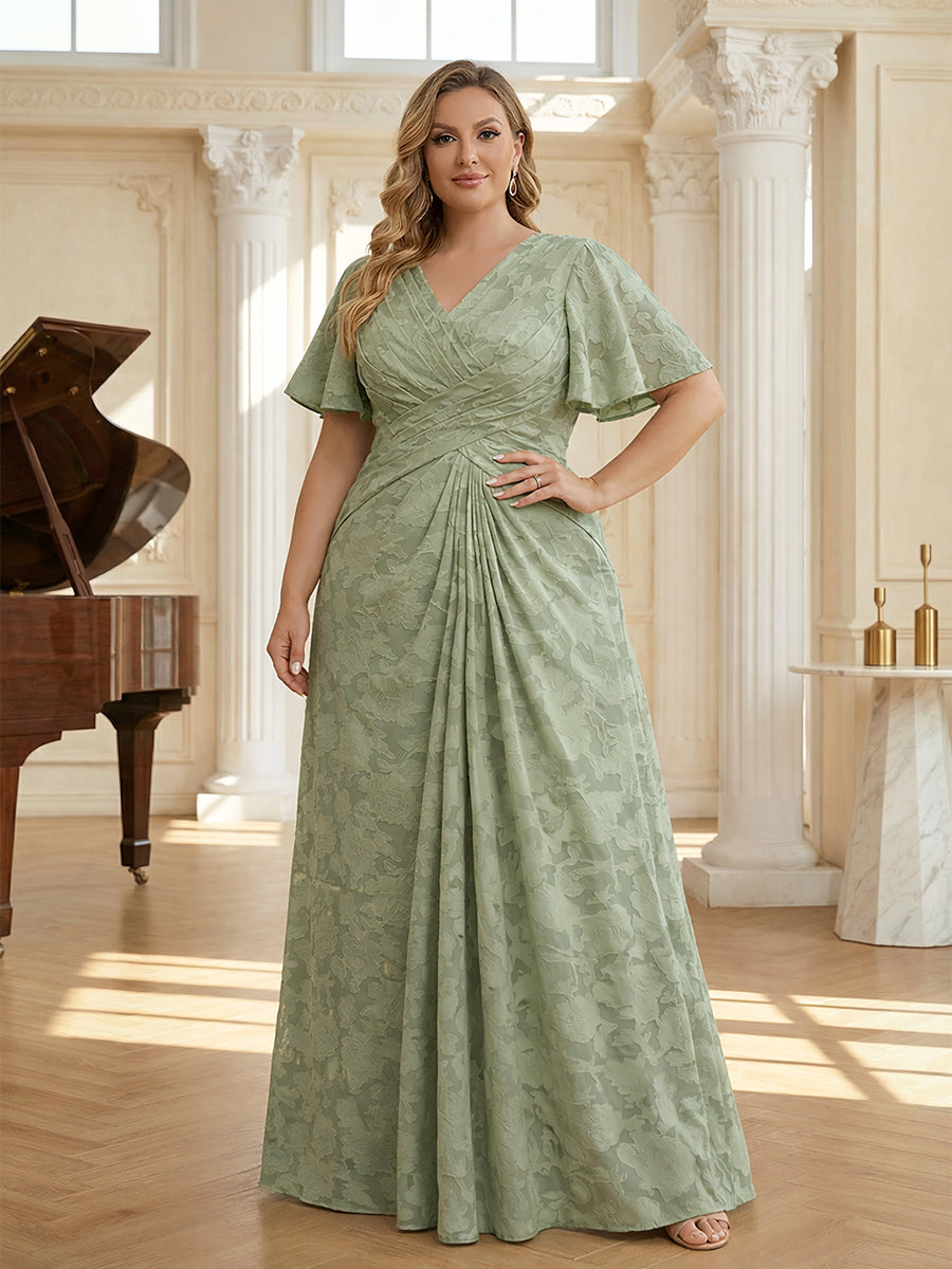 A Line V Neck Short Sleeve Floral Chiffon Ruched Mother of the Bride Dresses