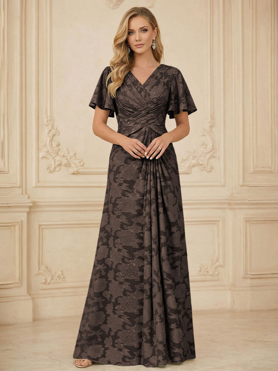 A Line V Neck Short Sleeve Floral Chiffon Ruched Mother of the Bride Dresses