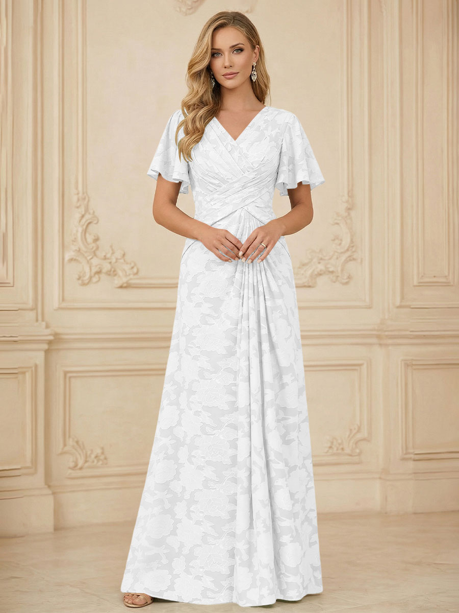 A Line V Neck Short Sleeve Floral Chiffon Ruched Mother of the Bride Dresses