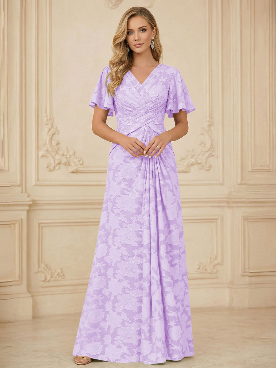 A Line V Neck Short Sleeve Floral Chiffon Ruched Mother of the Bride Dresses