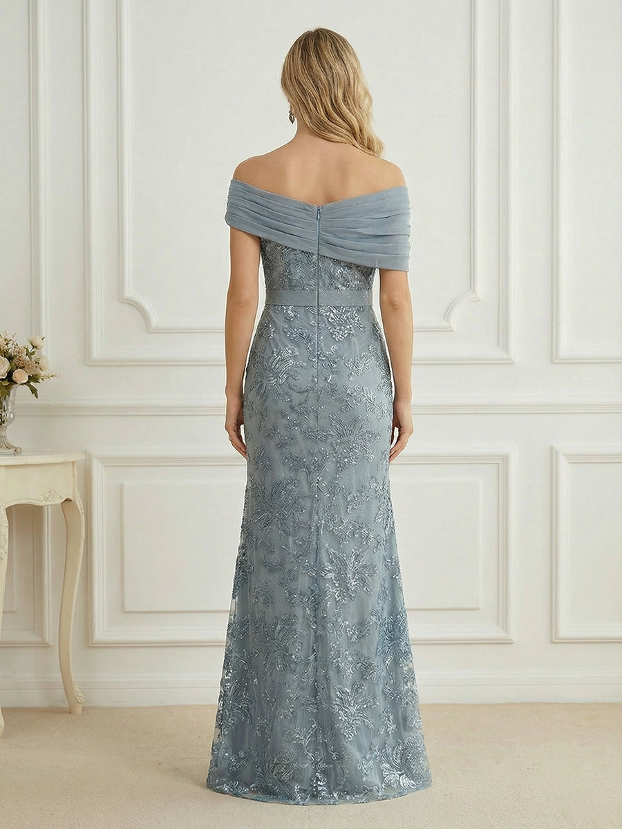 Mermaid Off Shoulder Short Sleeve Long Elegant Mother of the Bride Dresses with Sequin