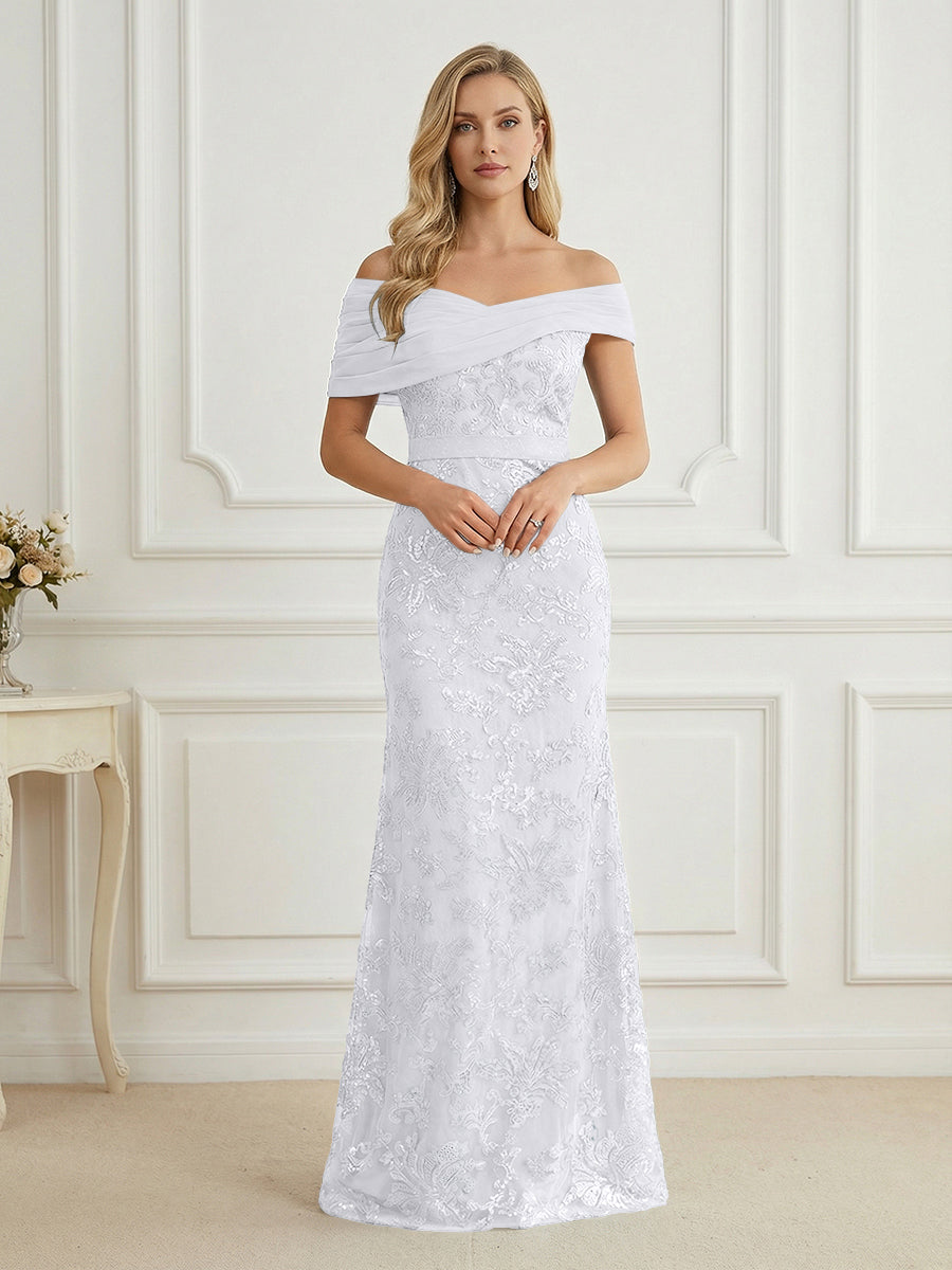 Mermaid Off Shoulder Short Sleeve Long Elegant Mother of the Bride Dresses with Sequin