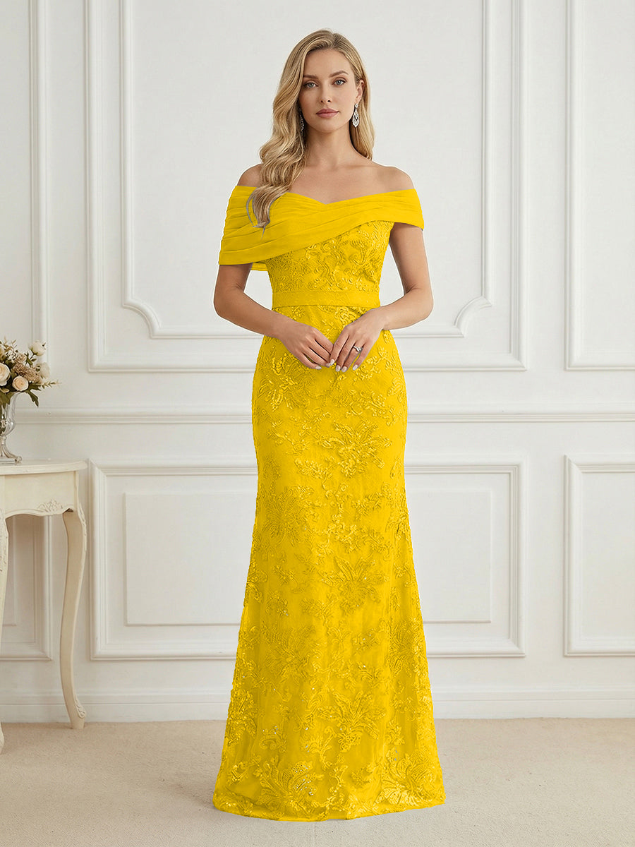 Mermaid Off Shoulder Short Sleeve Long Elegant Mother of the Bride Dresses with Sequin