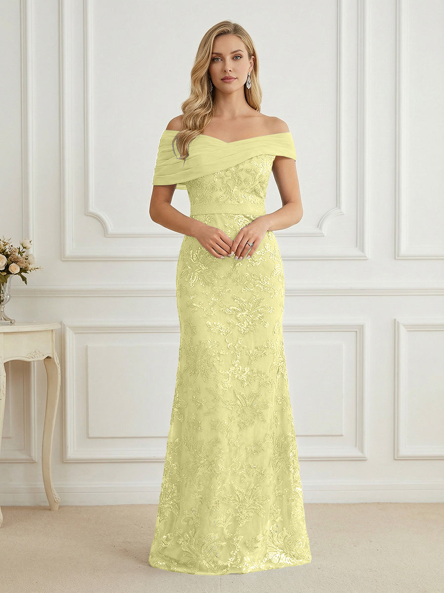 Mermaid Off Shoulder Short Sleeve Long Elegant Mother of the Bride Dresses with Sequin