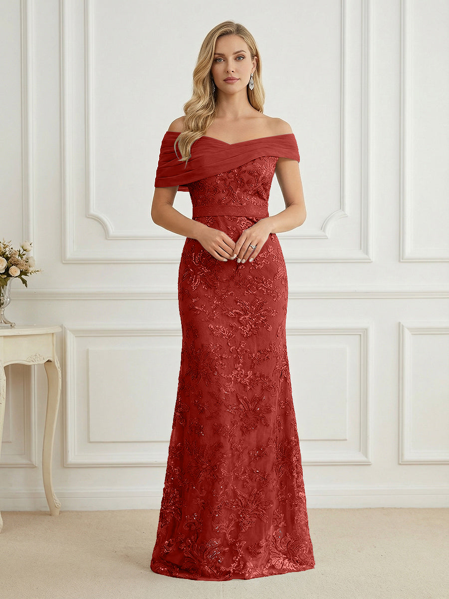 Mermaid Off Shoulder Short Sleeve Long Elegant Mother of the Bride Dresses with Sequin