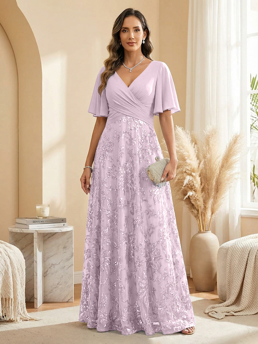 Champagne V-Neck Flutter Sleeve Chiffon & Lace Maxi Dress